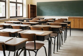 Empty high school classroom with vintage wooden chairs and desks. Classic academic atmosphere, back-to-school concept, and a focus on education and learning.