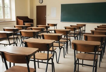 Empty high school classroom with vintage wooden chairs and desks. Classic academic atmosphere, back-to-school concept, and a focus on education and learning.