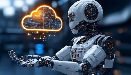 Robot holding glowing cloud in blue background