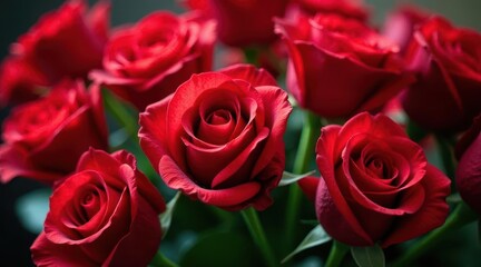 Obraz premium A Close-Up View of a Bouquet of Deep Red Roses, Their Petals Unfurling in a Display of Natural Beauty and Elegance