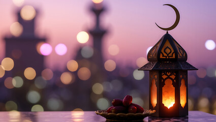 Ramadan Kareem Lantern with Moon Symbol and Dates Against a Dawn Cityscape
