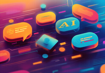 Futuristic Digital Chat Interface Illustration Displaying AI Communication and Information Exchange in Vibrant Neon Colors to Promote Modern Tech and Connectivity