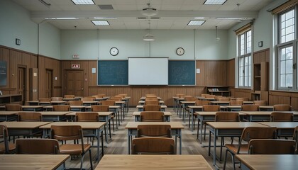 Empty high school classroom with vintage wooden chairs and desks. Classic academic atmosphere, back-to-school concept, and a focus on education and learning.