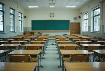 Fototapeta premium Empty high school classroom with vintage wooden chairs and desks. Classic academic atmosphere, back-to-school concept, and a focus on education and learning.