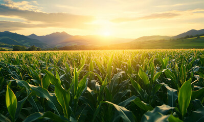 Fototapeta premium Golden Horizon, A Serene Landscape of Cornfield at Sunset, Embracing the Natural Beauty of Agriculture and the Tranquility of Rural Life under a Warm Sky