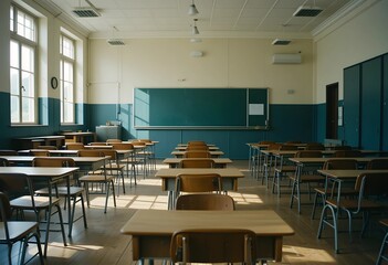 Empty high school classroom with vintage wooden chairs and desks. Classic academic atmosphere, back-to-school concept, and a focus on education and learning.