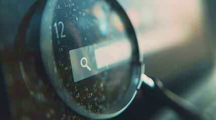 Close-up of laptop screen with search bar and magnifying glass icon, representing online privacy and data security concerns in digital age.
