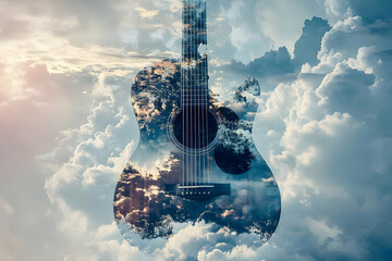 Harmonious skies, An acoustic guitar blends seamlessly with the ethereal beauty of clouds in a captivating double exposure composition capturing music essence
