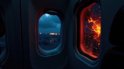 Night Flight Contrasting Views of City Lights and Fiery Abstract Reflection in Airplane Window