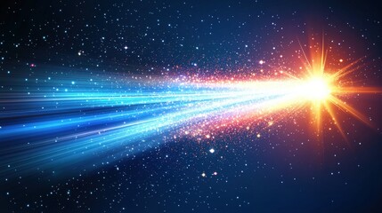 Bright Cosmic Light Beam Traveling Through Deep Space with Stars and Dust Particles