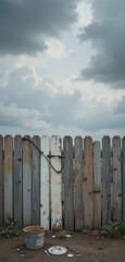 Fototapeta premium Weathered wooden fence with colorful paint sections and a paint bucket in a garden area