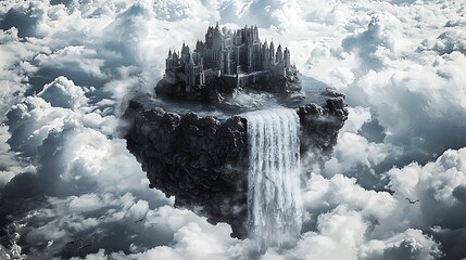 Floating Island with Majestic Waterfall and Castle in the Sky