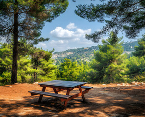 Idyllic picnic spot nestled amidst lush greenery, offering a serene escape to nature with rustic wooden table, beckoning for relaxation under the open sky