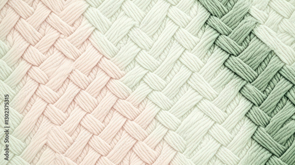 Wall mural wool texture in a herringbone pattern with alternating light green and pale pink tones, creating a v
