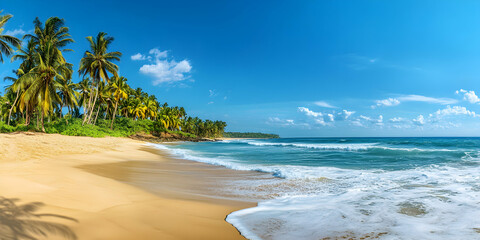 Idyllic Tropical Paradise, Pristine Beach with Palm Trees, Azure Waters, and Clear Blue Skies, Capturing the Essence of Relaxation and Serenity for a Perfect Getaway