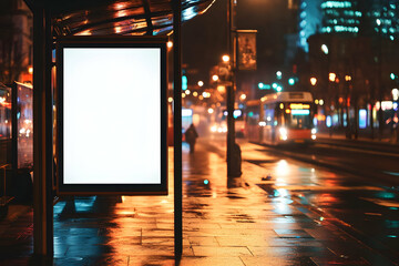 Fototapeta premium Illuminated Billboard at a Bus Stop on a Rainy Evening in the City Center with Blurred Lights and Reflections on Wet Pavement Offering Advertising Space