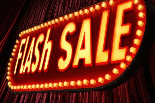 Bright Neon Flash Sale Sign with Lights and Red Velvet Curtain Background