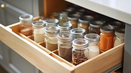 Organized Kitchen Drawer with Glass Spice Jars, Minimalist Pantry Storage in Wooden Compartments