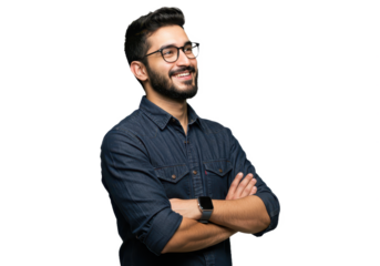 A young man with short dark hair standing with arms crossed and smiling while looking slightly to his left
