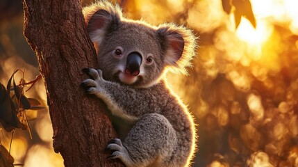 Naklejka premium Cute koala perched on tree with warm sunset background glow