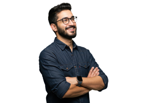 A young man with short dark hair standing with arms crossed and smiling while looking slightly to his left