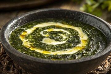 Close-Up Macro Shot of a Bowl of Creamy Palak Paneer Showcasing Deep Green Hues and Fresh Cream Swirls for Culinary Delight