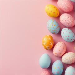 Fototapeta premium Soft pink background with Easter eggs, creating a warm spring atmosphere for festive text.