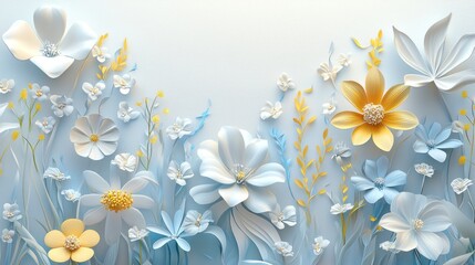 Abstract 3D landscape of white, yellow, and blue floral elements on a subtle light background
