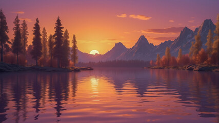 Sunset Over Serene Mountain Lake