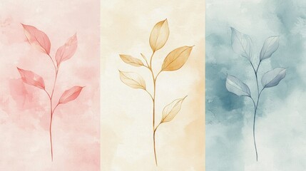 Abstract botanical wallpaper with golden line art on soft pastel watercolor backgrounds.