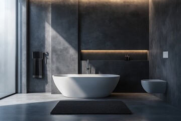 Modern dark grey bathroom with freestanding bathtub, toilet, and large window.