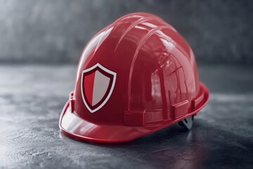Bright Red Safety Helmet with Shield Logo on Dark Stone Background for Industrial Use