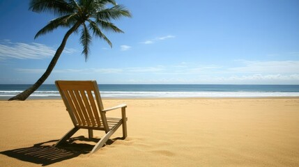 Calm Beach Scene with Empty Chair and Palm Tree by Ocean Shore