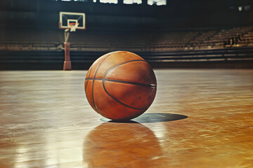 Lone basketball resting on polished court floor in empty arena