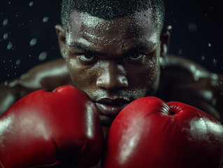 Focused male boxer in red gloves preparing to fight.