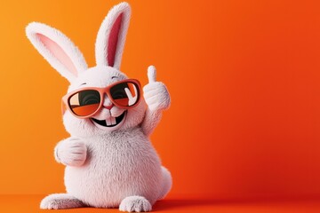 A cheerful white bunny with sunglasses and a thumbs-up, on a vivid orange backdrop for Easter.