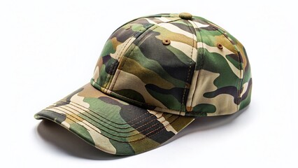 Fototapeta premium Camouflage Baseball Cap, Military Hat, Hunting Cap, Isolated on White Background, Overhead Drone Shot