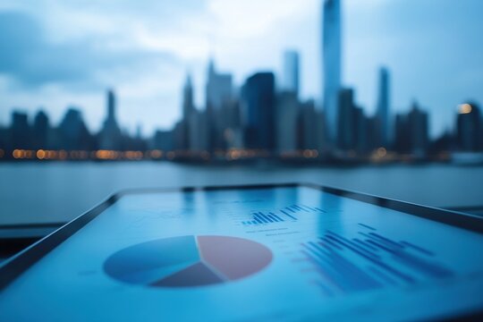 Close-Up of a Digital Tablet Displaying Holographic Pie Charts with a Blurred City Skyline in the Background Captured at 1 Gigapixel Resolution