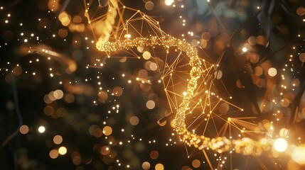 "Digital Representation of DNA Double Helix – Glowing Blue and Orange Strands with Futuristic Light Particles"