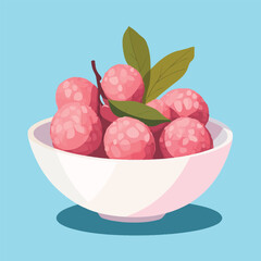 A flat 2D vector of a bowl of fresh lychees with their pink shells.
