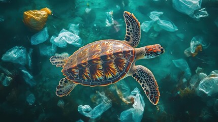 Fototapeta premium A serene sea turtle glides gracefully across a tranquil blue expanse, its flippers slicing through gentle waves as it journeys toward the horizon