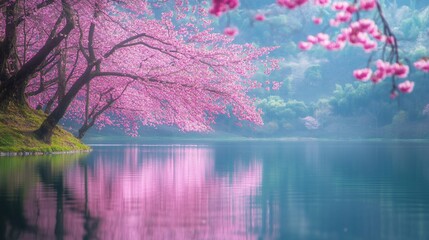 Serene pink cherry blossoms reflected in calm lake water.