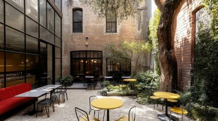 Serene Outdoor Courtyard with Tables and Lush Greenery in Urban Setting