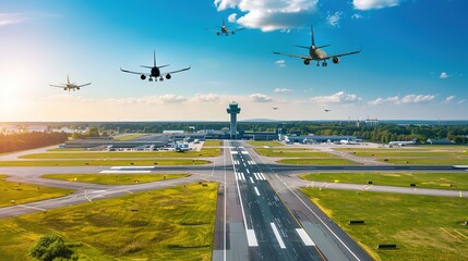Aerial view of a modern air traffic control tower with airplanes taking off and landing on surrounding runways, showcasing aviation infrastructure and air transportation concepts.