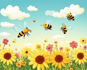 Bees Flying Over Flowers Field