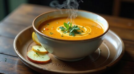 Warm Autumnal Soup, Served with Apple Slices, Steaming in a Rustic Bowl on a Wooden Table