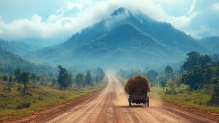 Naklejka premium Cart travels rural road, hay bale, mountain mist