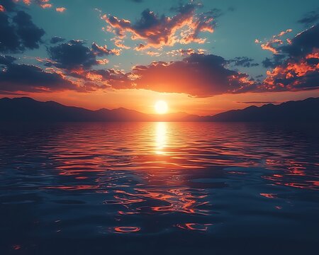 Vibrant sunset over calm ocean mountains