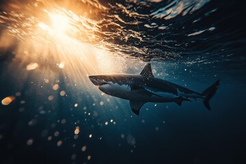Fototapeta premium Close-Up Shot of a Great White Shark Swimming Near the Ocean Surface with Sunlight Filtering Through the Water Creating a Stunning Underwater Scene
