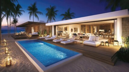 Fototapeta premium Luxurious Beachfront Villa with Private Pool at Sunset